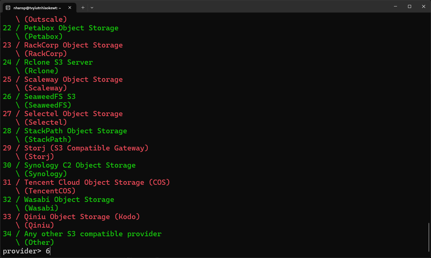 CLI S3 provider list with selection "6" (StackPath Object Storage).
