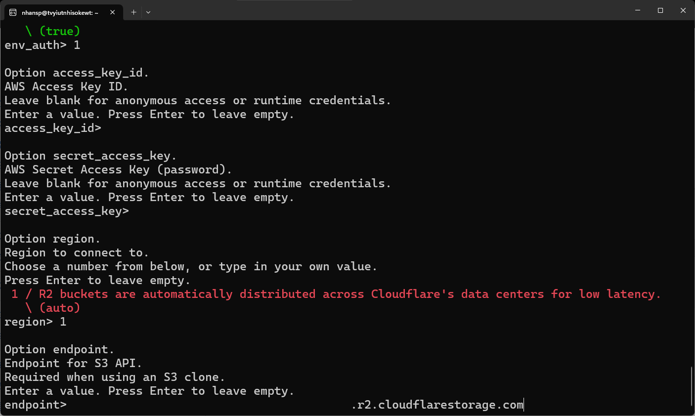 CLI configuration for S3 access keys, region (auto), and endpoint (.r2.cloudflarestorage.com).