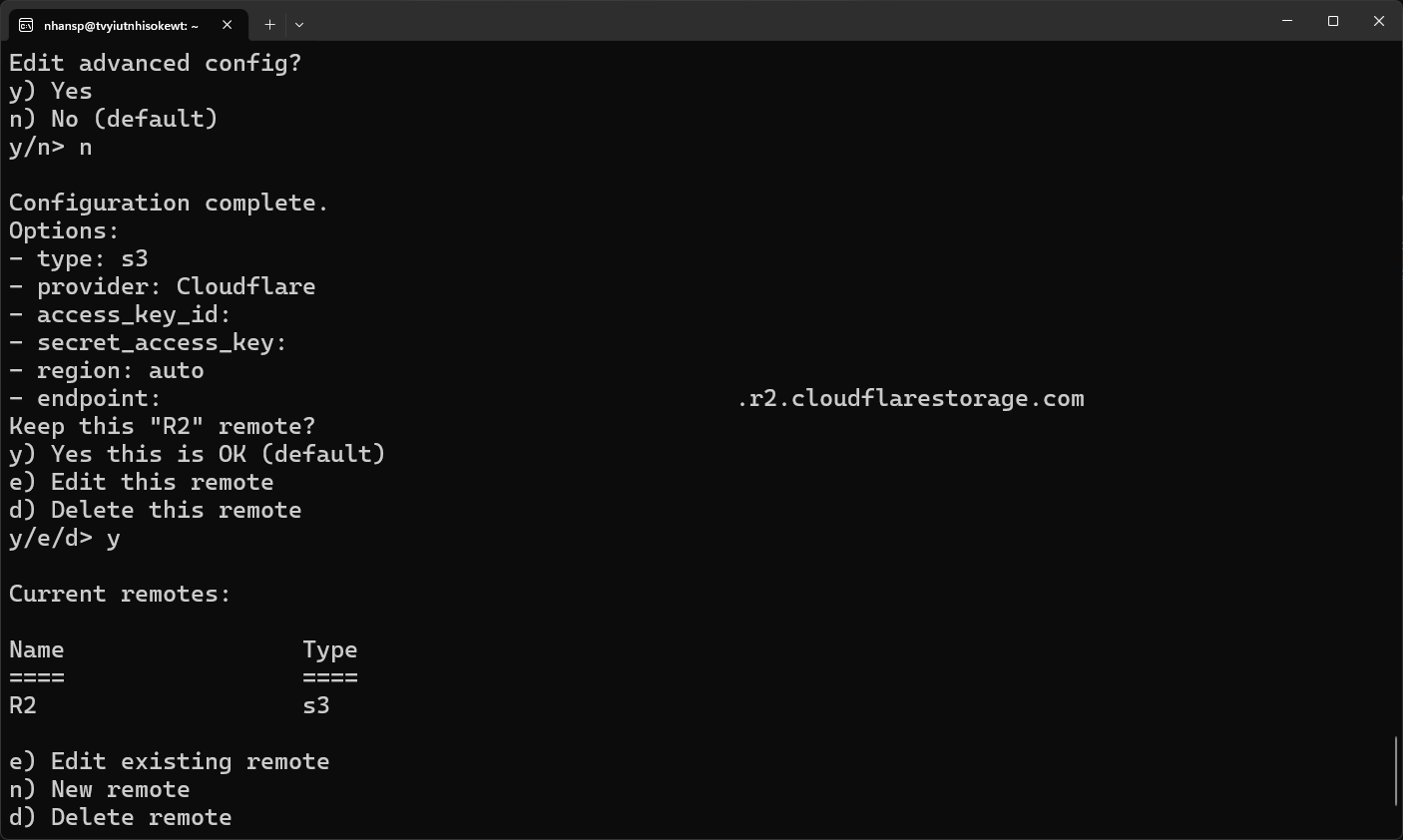 CLI confirmation of "R2" remote setup with type S3 and Cloudflare provider.