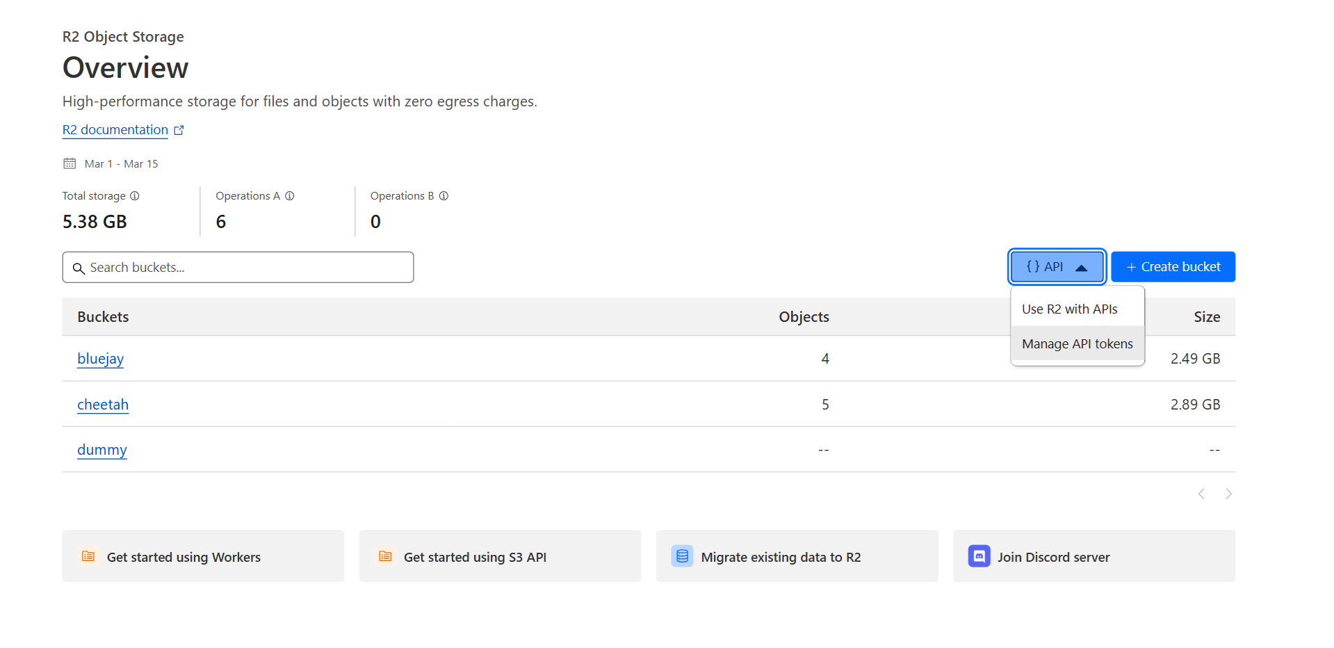 R2 Object Storage interface with documentation tasks, buckets (bluejay, cheetah, dummy), object details, and setup options.