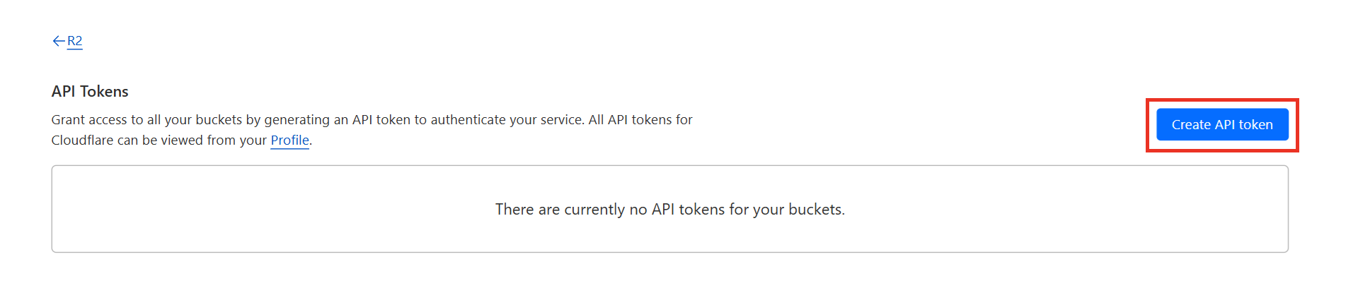 R2 Object Storage interface showing "API Tokens" and a highlighted button labeled "Create API Token"