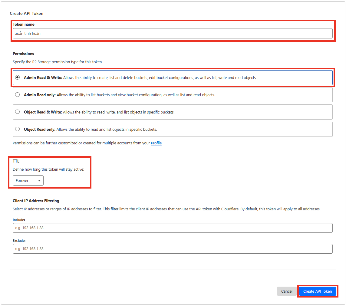 R2 Object Storage interface highlighting the correct options for token name, permissions, and TIL in a form to generate an API token