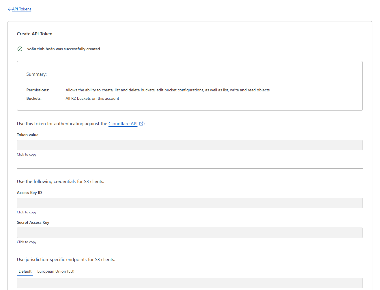 R2 Object Storage interface explaining that the API token was successfully created