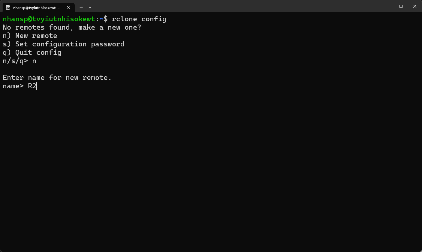 CLI prompt creating a new remote storage "R2".