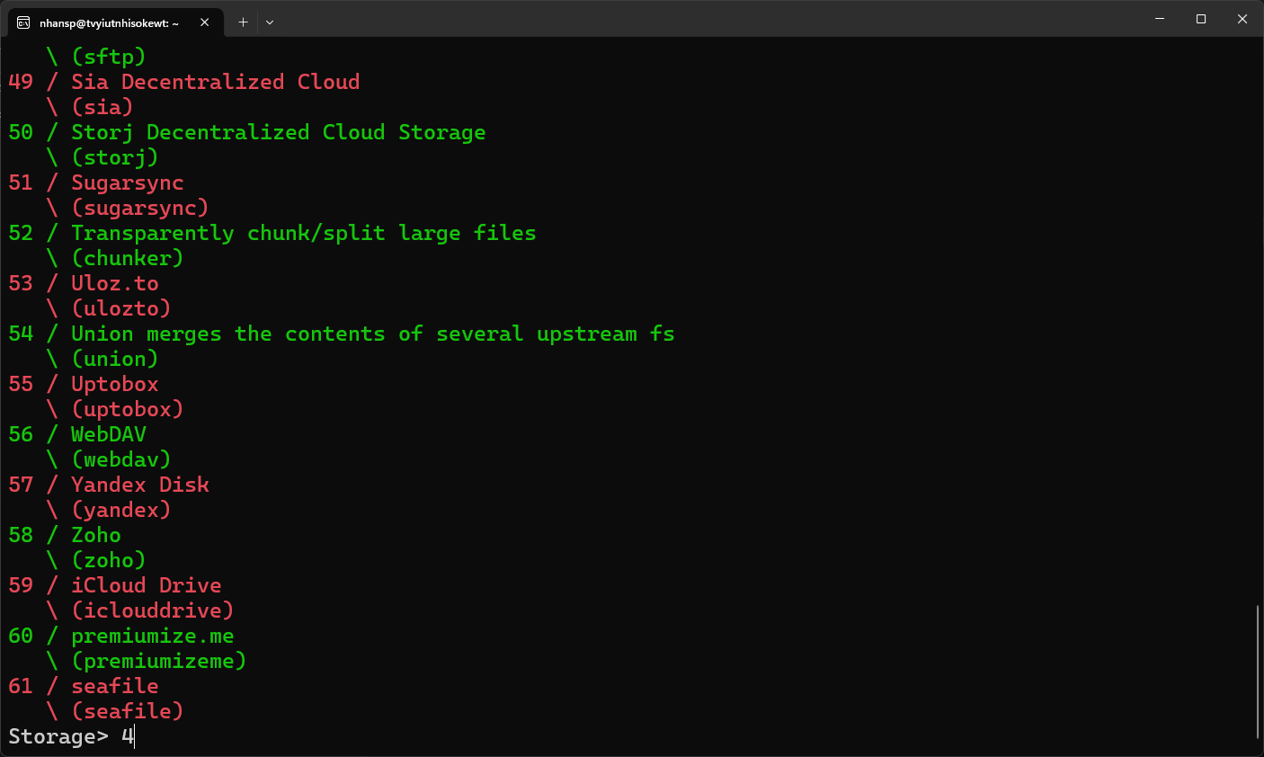 CLI storage provider list with selection option 4.